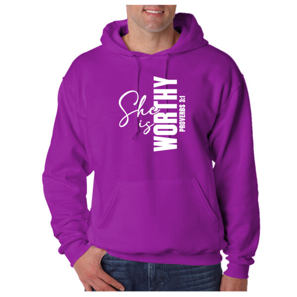 SHE IS WORTHY - Adult Super Sweats® NuBlend® Fleece Pullover Hooded Sweatshirt Thumbnail